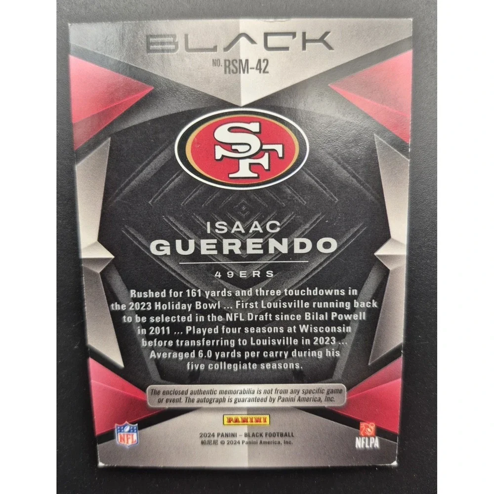 2024 Panini Black‎ Isaac Guerendo #RSM-42 Rookie Signature Materials Emerald /25